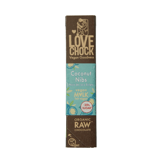 Lovechock M'lk coconut nibs bio chocolate bar, 40g, with coconut pieces in creamy milk chocolate, natural and organic.