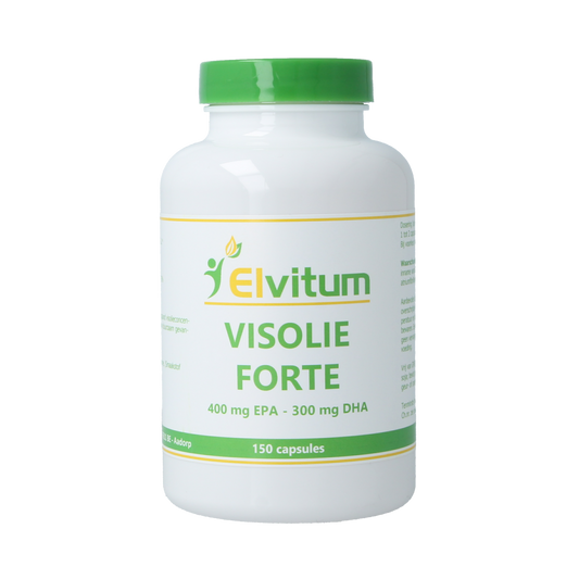 Elvitum Visolie Forte 400 EPA/300 DHA softgels, omega-3 fatty acids supplement in clear softgel capsules.