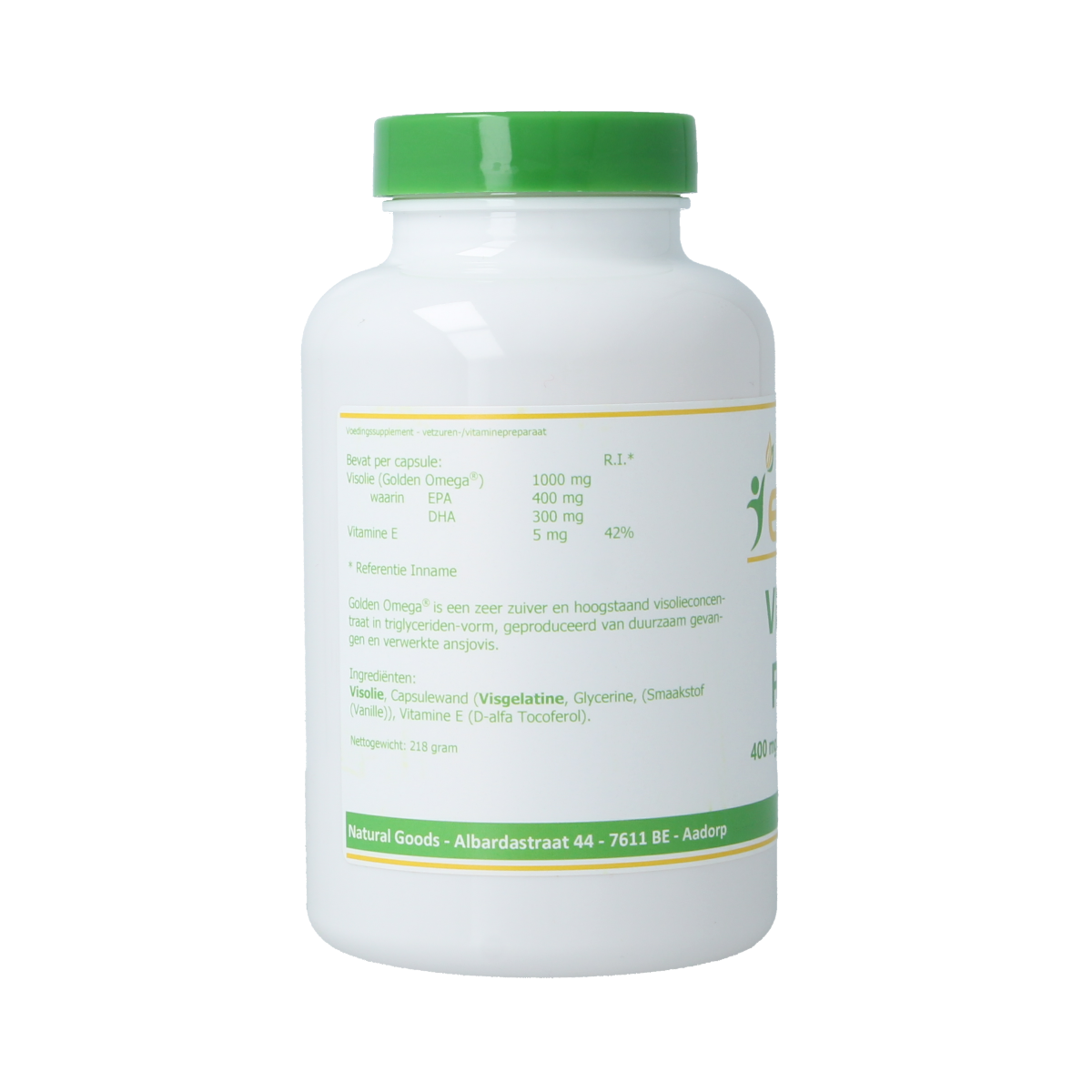Elvitum Visolie Forte 400 EPA/300 DHA softgels, omega-3 fish oil supplement in a clear bottle with softgel capsules inside.