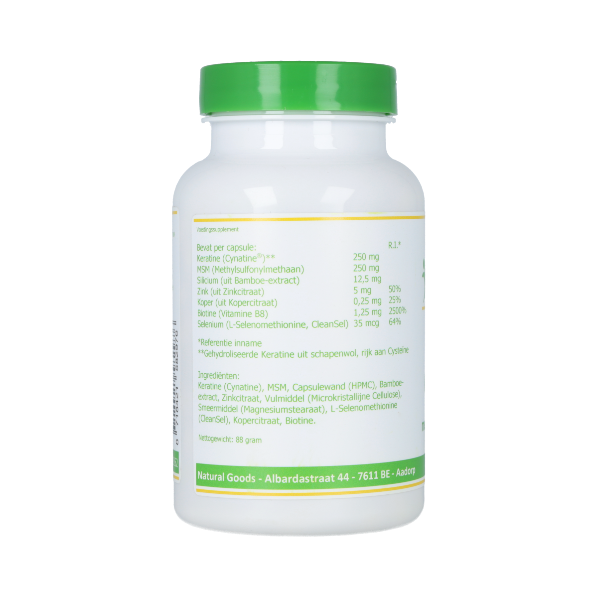Elvitum Haarcomplex met Biotine capsules in a bottle, dietary supplement for healthy hair and hair growth.