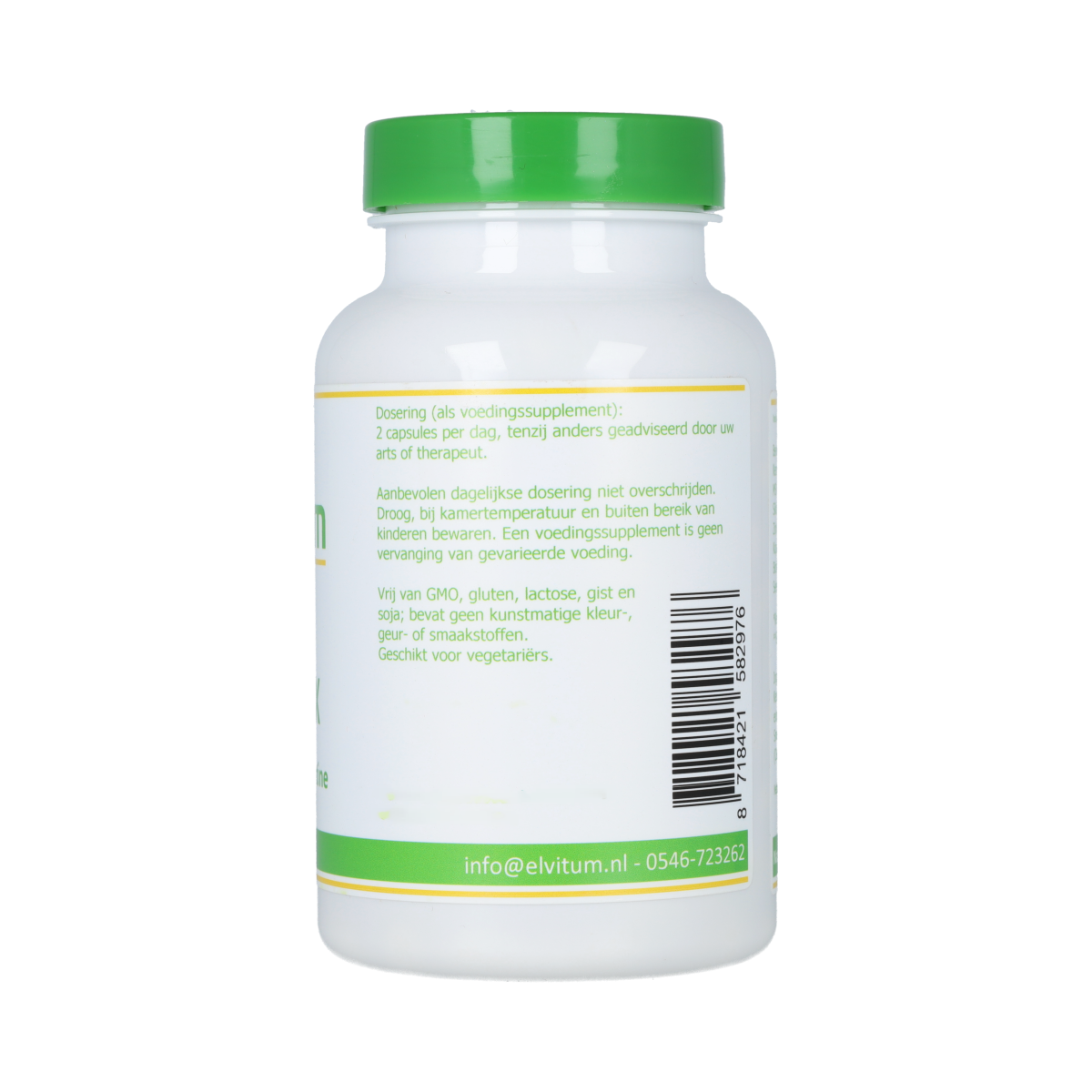 Elvitum Haarcomplex met Biotine capsules, dietary supplement for healthy hair, shown in a bottle with capsules inside.