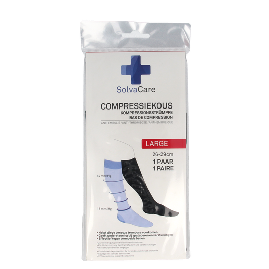 Solvacare compression stockings in black, size L (26-29 cm), pair, designed for leg support and improved circulation.