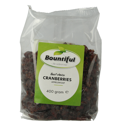 Bountiful Cranberries appeldiksap 400g, fresh cranberries with apple juice in a clear container, showcasing vibrant red berries.