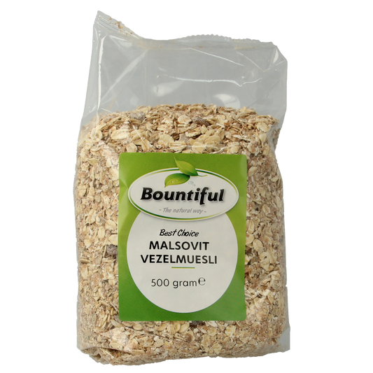 Bountiful Bountiful Muesli malsovit, 500g, natural breakfast cereal with mixed grains and dried fruits in a bowl.