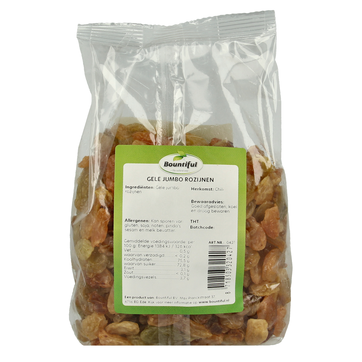 Bountiful jumbo rozijnen in a 500g package, natural dried grapes, fresh and plump, ideal for snacking or baking.