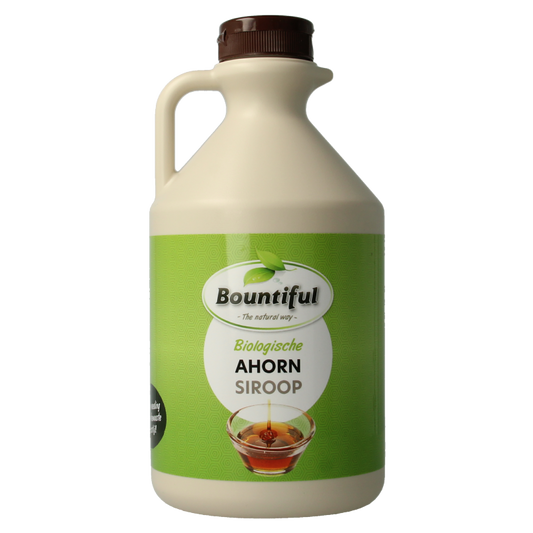 Bountiful organic maple syrup in a 1000ml bottle, natural sweetener for pancakes and desserts.