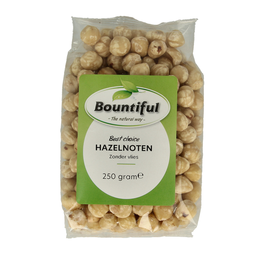 Raw Bountiful hazelnuts in a 250g pack, showcasing fresh, whole hazelnuts for superfood and snacking use.