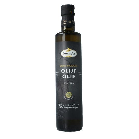 Bountiful organic extra virgin Greek olive oil in a 500ml bottle, showcasing a dark glass container with a green and gold label.