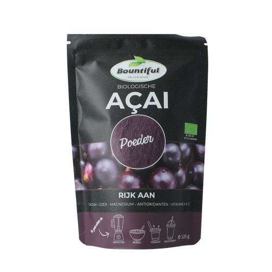 Bountiful organic acai powder in a 125g package, dietary supplement and herbal preparation with vibrant purple acai berries.