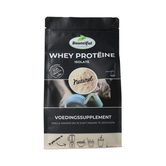 Bountiful Whey isolaat proteïne poeder 500g with amino acids, shown in a clear container with label.
