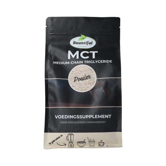 Bountiful MCT powder in a 500g container, showing the white powdered supplement, with the brand label visible.