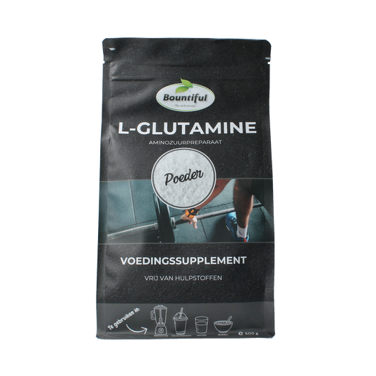 Bountiful L-Glutamine powder in a 500g container, amino acids supplement for muscle recovery and immune support.