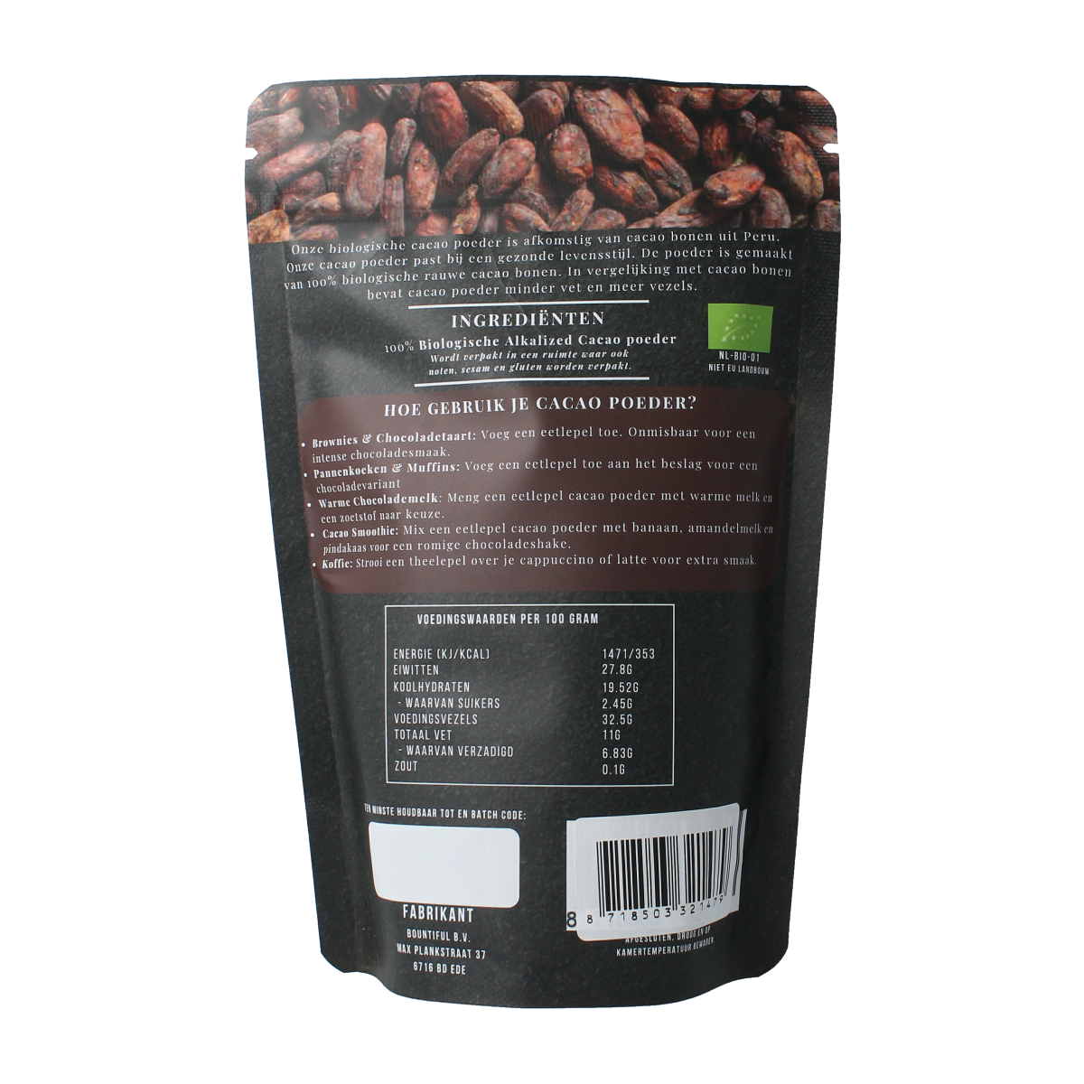 Bountiful organic cacao powder in a 200g package, suitable for drinks and smoothies, shown in a close-up image.
