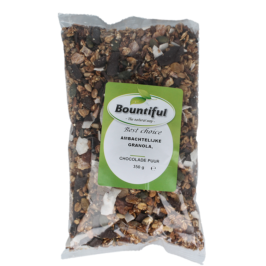 Bountiful Bountiful Ambachtelijke granola chocola puur 350g, natural breakfast cereal with dark chocolate flavor in a resealable bag.