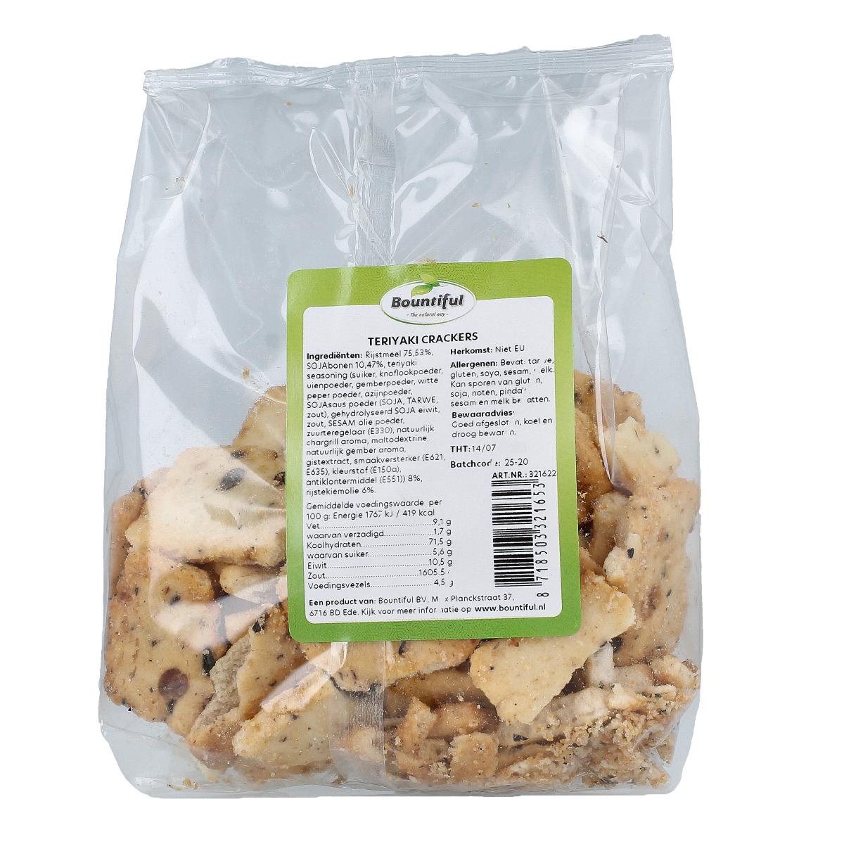 Bountiful Teriyaki crackers in 180g package, showing golden-brown broden and crackers with a crispy texture and teriyaki glaze.