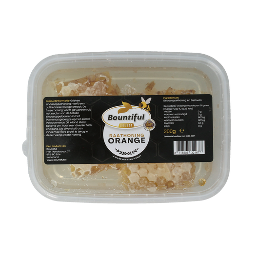 Bountiful Greek honeycomb with orange flavor in a 200g jar, showcasing the honeycomb and vibrant orange color.