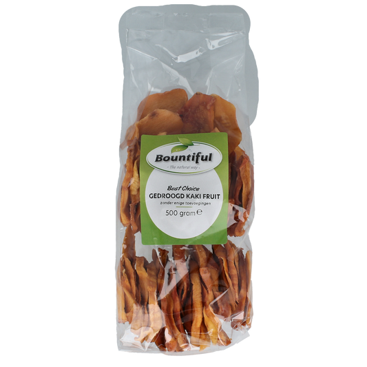 Dried Bountiful Kaki fruit without sugar on a white background, 500 grams, showing the orange, textured slices of fruit.