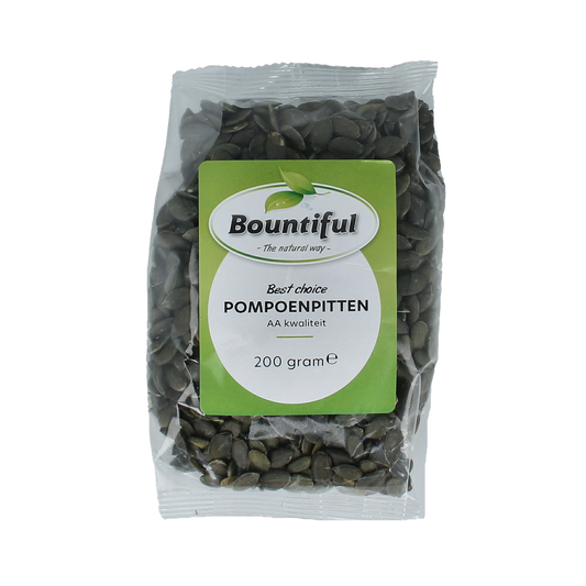 Bountiful AA pumpkin seeds, raw superfood, in 200g package, close-up of fresh, green pumpkin seeds in a clear container.