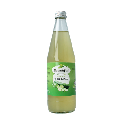 Bountiful organic cucumber juice in a 500ml bottle, showing the label and clear liquid inside.