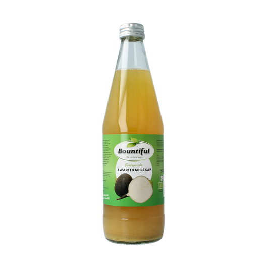 Bountiful organic black radish juice in a 500ml bottle, showcasing the dark radish root and fresh liquid inside.