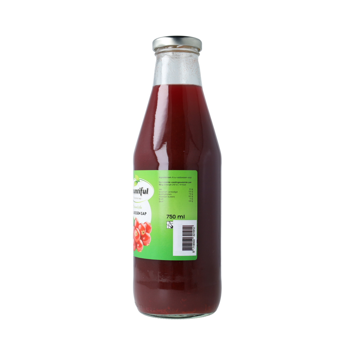 Bountiful Bountiful Aalbessen sap 750ml bottle with a red label and fresh raspberry imagery, in a clear plastic bottle
