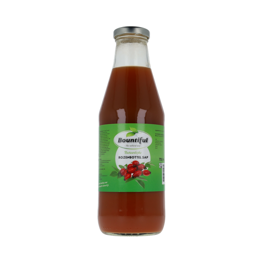 Bountiful Rozenbottelsap 750ml bottle of rosehip juice in clear glass with label, for drinks and juices.