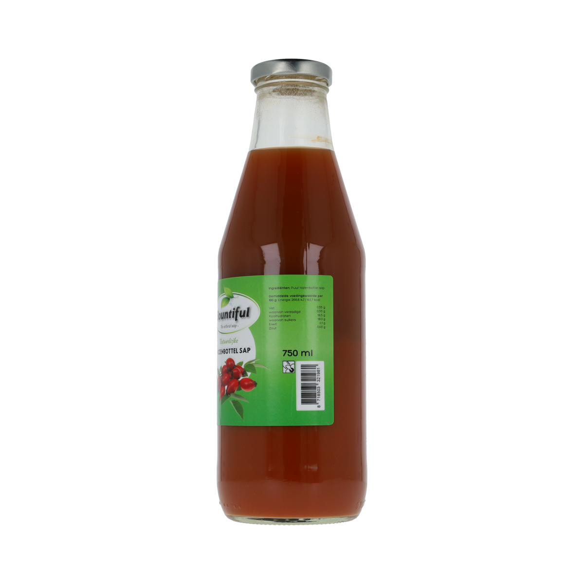 Bountiful Rozenbottelsap 750ml bottle of rosehip juice in clear glass bottle with label, in the drinks and juices category.
