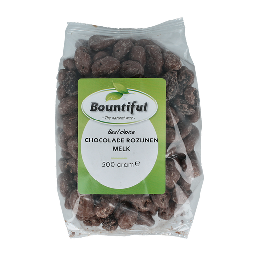 Bountiful best choice chocolate raisins snack in a 500g package, featuring chocolate-covered dried raisins in a resealable bag.