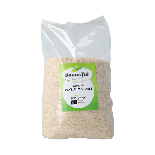 Bountiful Bountiful Psyllium Vezels Bio, 500g, organic fiber supplement in a resealable bag, with label featuring product details.