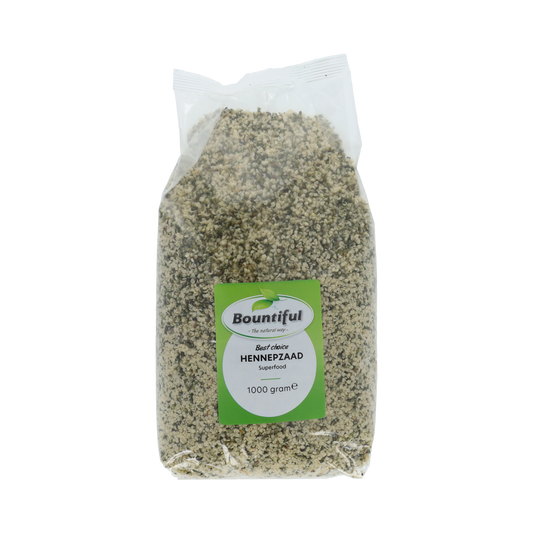 Bountiful raw hemp seeds in a 1000g package, fresh and shelled, from the Bountiful superfoods collection.