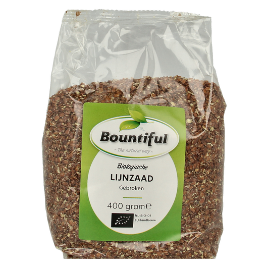 Bountiful organic broken flaxseed in a 400g package, raw superfood with visible flax seeds on the label.