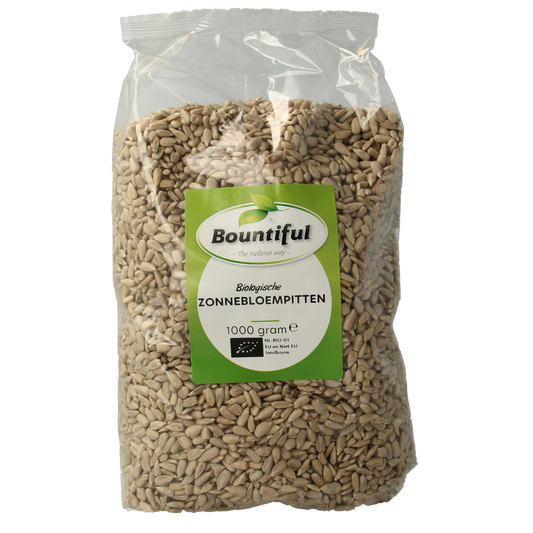 Bountiful organic sunflower seeds in a 1kg bag, raw superfood snack with natural sunflower kernel appearance