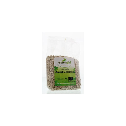 Bountiful organic sunflower seeds in a 400g package, raw superfood product with sunflower seeds visible in the image.