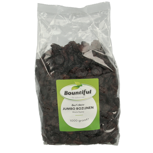 Bountiful jumbo black flame raisins in a 1kg package, ideal for snacking and baking, fresh and plump.