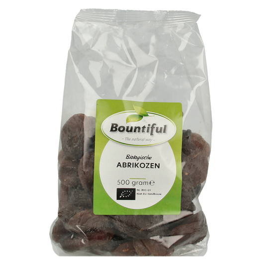 Bountiful organic apricots in a 500g package, raw superfoods product with fresh, vibrant apricots on the packaging.