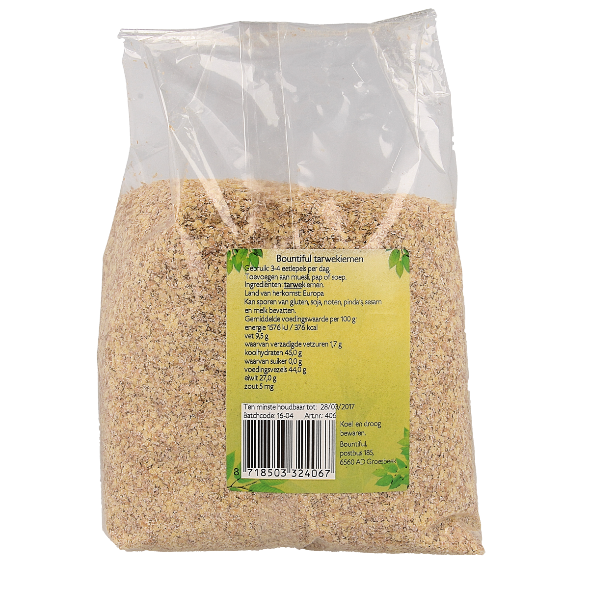 Bountiful Bountiful Tarwekiemen raw superfood in 500g package, showing green wheatgrass sprouts and fresh texture.
