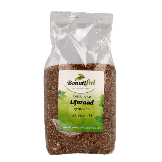 Bountiful Bountiful Lijnzaad gebroken, 500g, raw superfood flaxseed in a clear container with broken flaxseed visible.