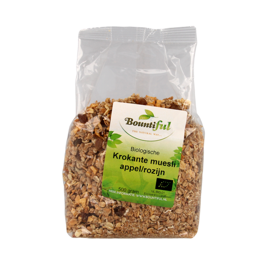 Bountiful organic granola with apple and raisin, 500g breakfast muesli in a clear bowl
