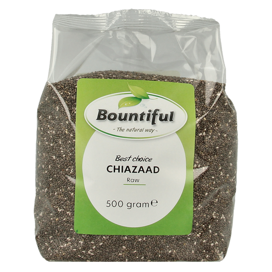 Bountiful Bountiful Chia Seeds in 500g pack, raw superfood featuring small dark chia seeds on a white background.