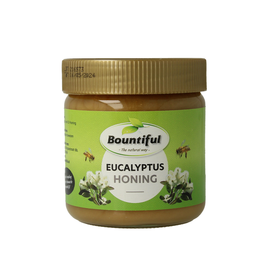Bountiful Eucalyptus honing 500g jar showing smooth, natural eucalyptus honey in clear container with label visible