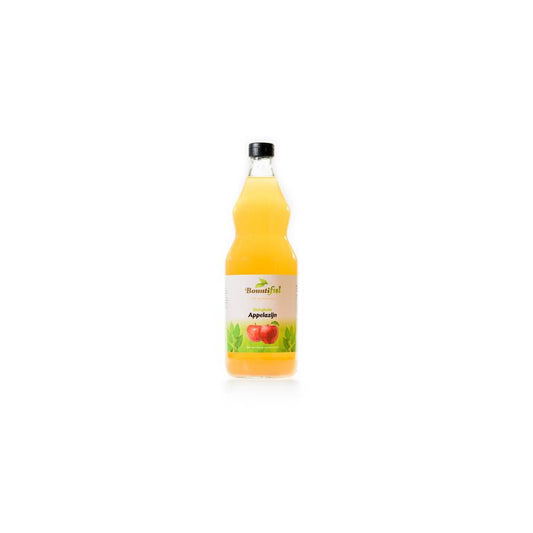 Bottle of Bountiful organic apple cider vinegar in a 1-liter size, with a clear label and green cap, on a white background.