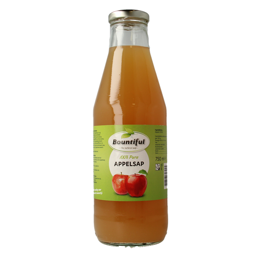 Bountiful Bountiful Appelsap 750ml bottle with fresh orange juice in clear plastic container