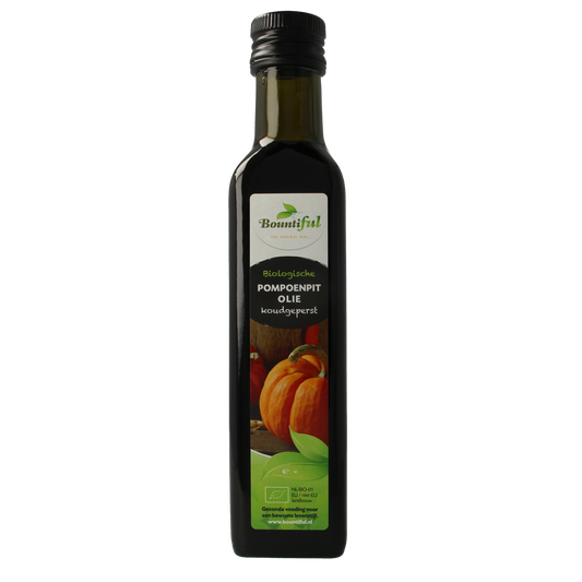 Bountiful organic pumpkin seed oil in a 250ml bottle, rich and dark golden color, for cooking and drizzling.