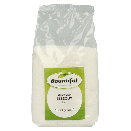Bountiful Zeezout grof 1 kg, coarse sea salt in a clear container, ideal for cooking and seasoning.