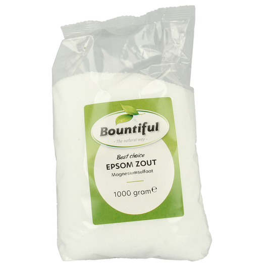 Bountiful Epsom zout 1kg bag, herbal and culinary salt product, showing the packaging with the brand name and product details.