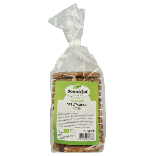 Bountiful Bountiful Spelt Mueslikoeken bio, 250g, crispy, golden spelt cookies on a white background.
