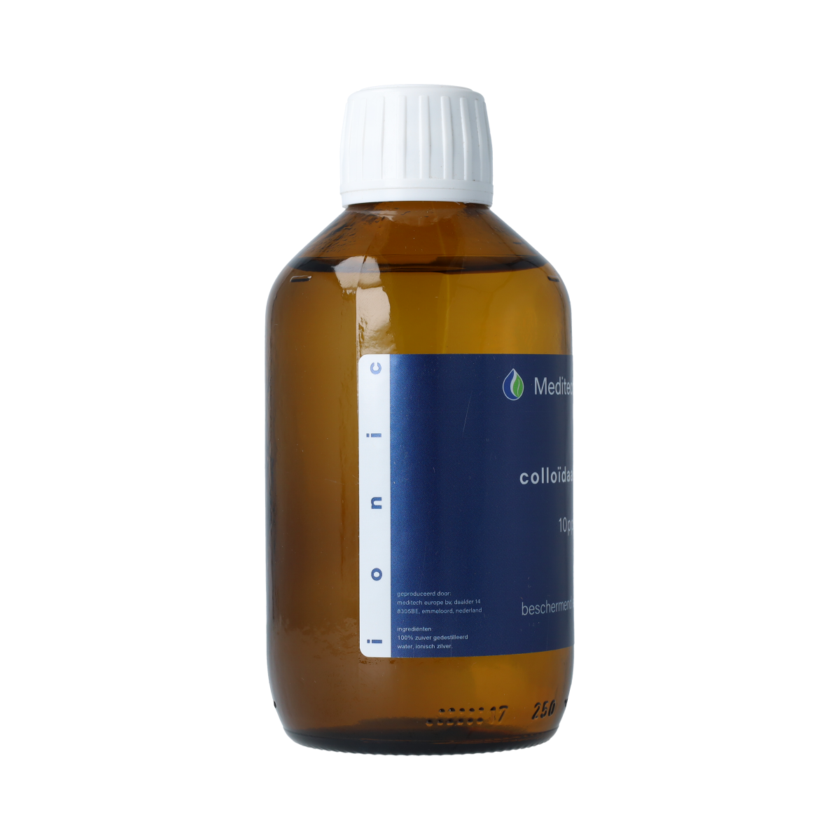 Meditech Colloidal Silver Water 250ml bottle for body care, with clear liquid in a transparent container.