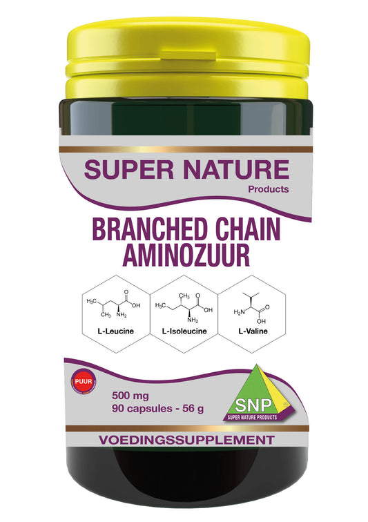 SNP Branched Chain Amino Acids 500mg capsules in a bottle, showing the supplement capsules and label details.
