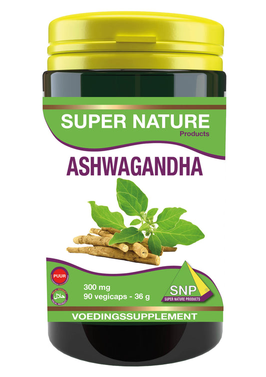 SNP Ashwagandha 300mg vegetarian capsules, herbal supplement in a bottle, natural plant-based herbal preparation.