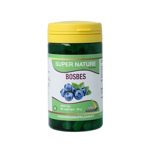 SNP Bosbes 2000 mg vegetarian capsules in a bottle, herbal supplement for health and wellness.